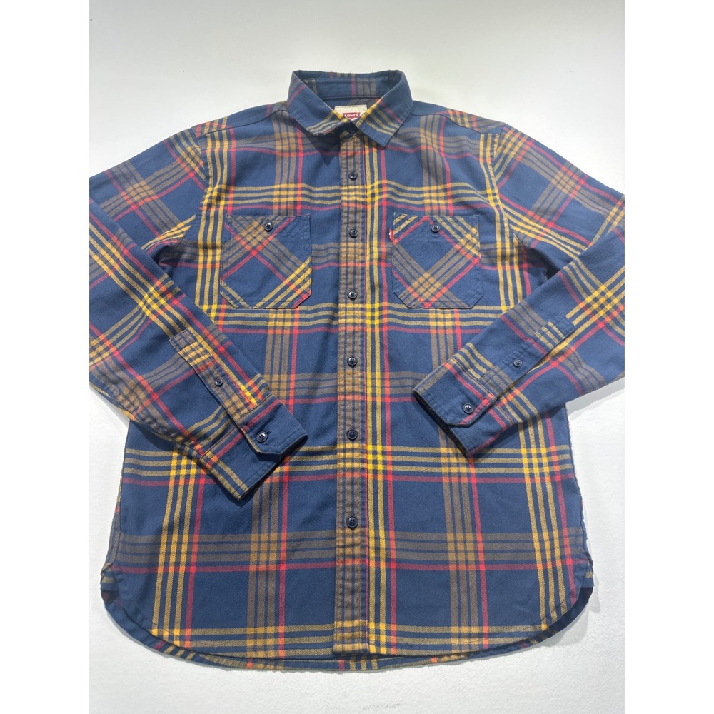 Levis Mens Small Blue Yellow Red Plaid Flannel Button Down Shirt RN 117508